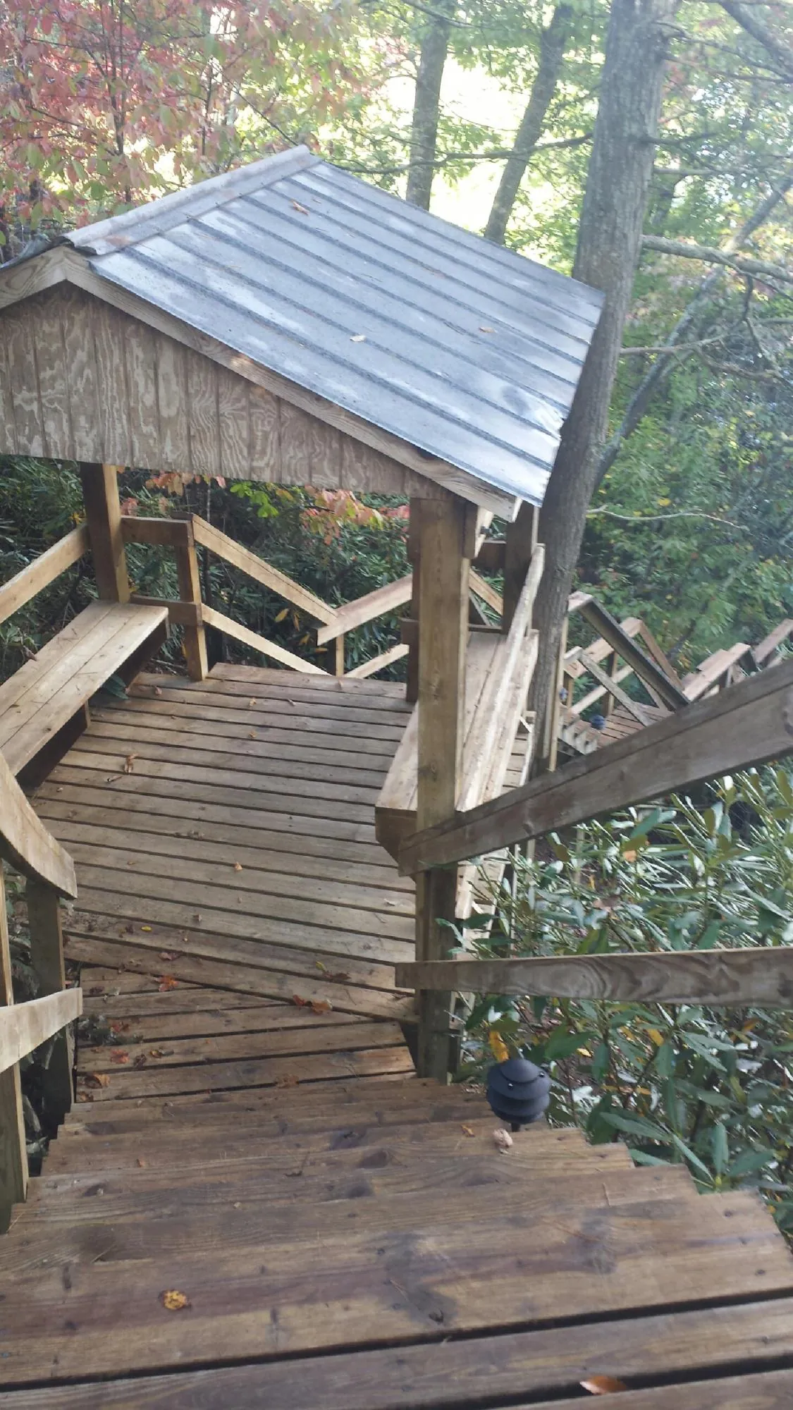 Metal roofed shelter over wooden steps on a wooded walkway — Skylight Repair & Installation work by our crew in Bantry